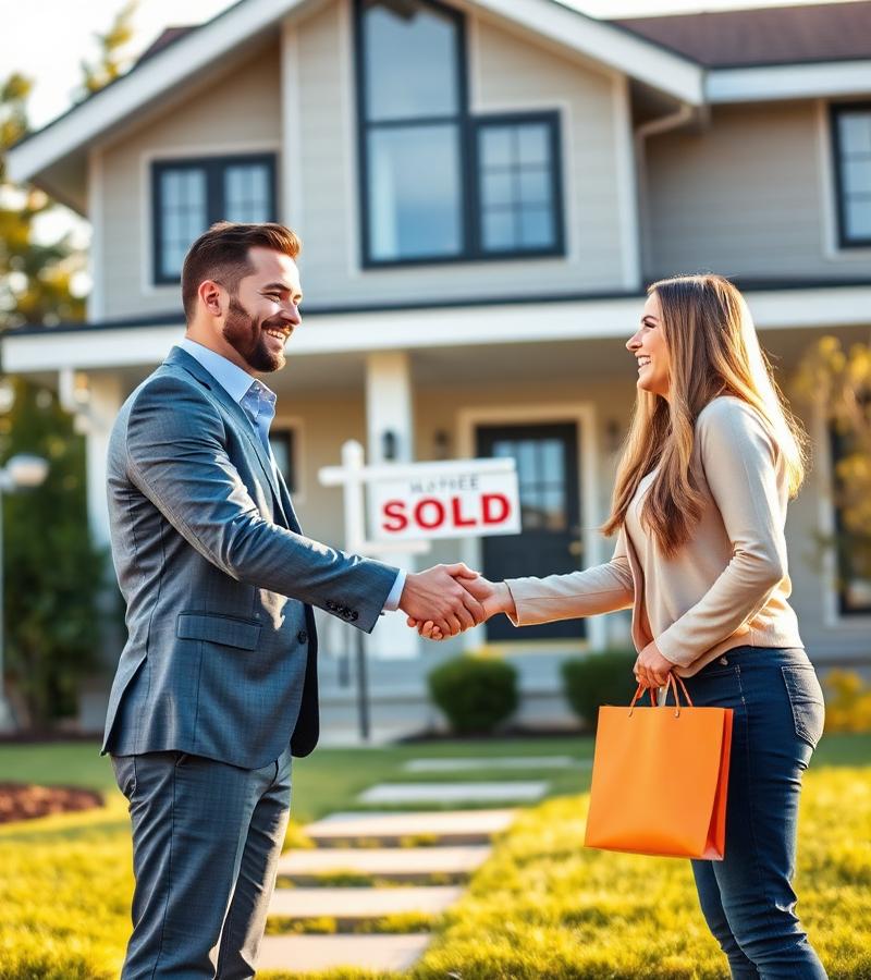 Real estate agent with happy homebuyers in front of a sold home
