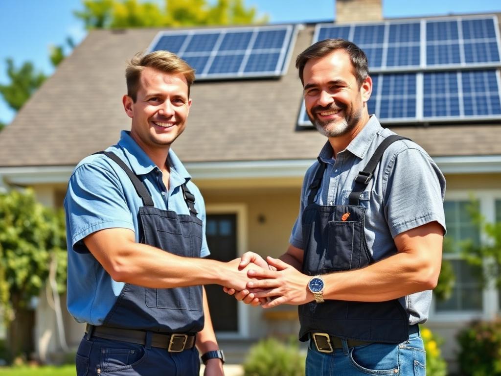 Solar panel installer shaking hands with satisfied homeowner after completed installation